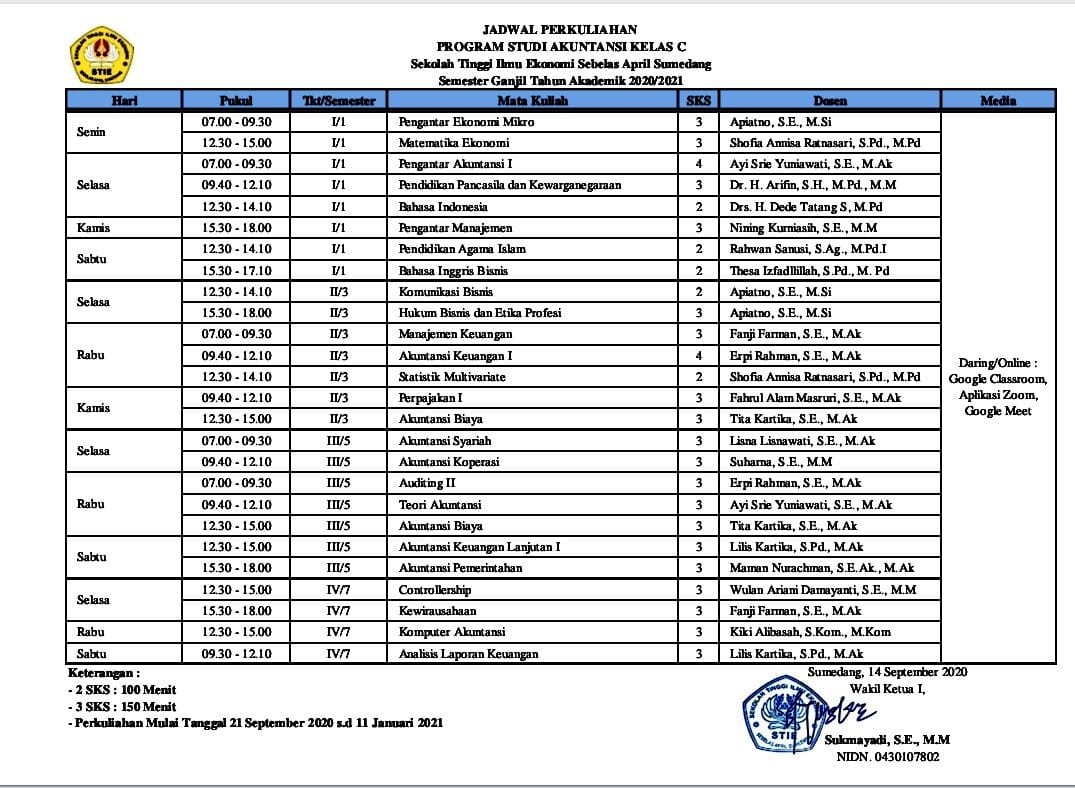 Jadwal Prodi Akuntansi STIE Sebelas April Sumedang semester ganjil tahun akademik 2020/2021