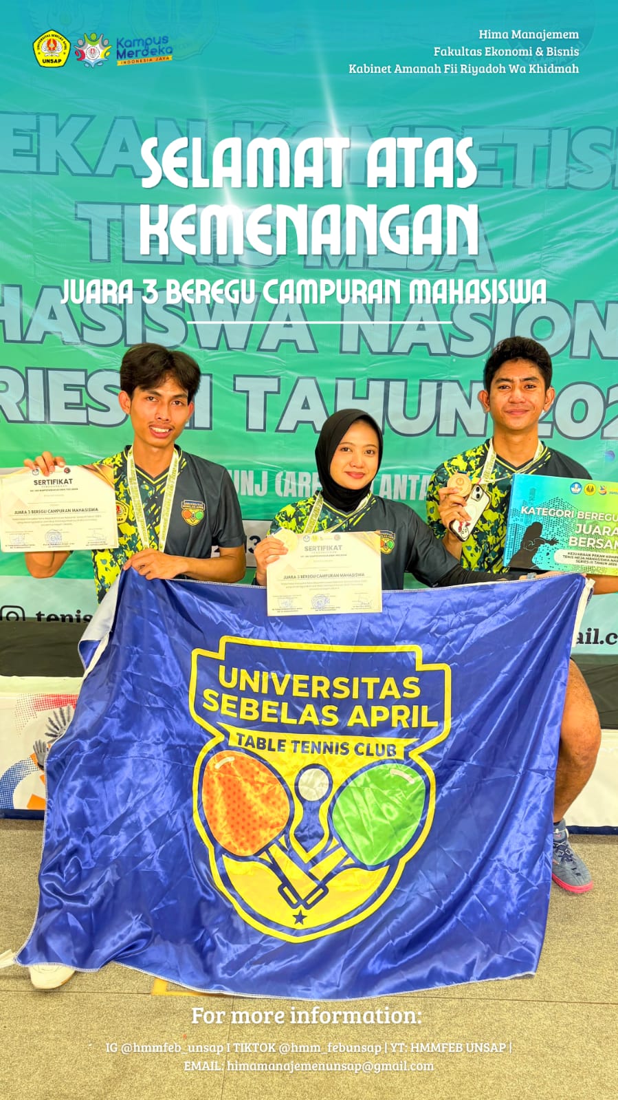 Juara III Beregu Campuran dalam Kejuaraan Pekan Kompetisi Tenis Meja Mahasiswa Tingkat Nasional Tahun 2026